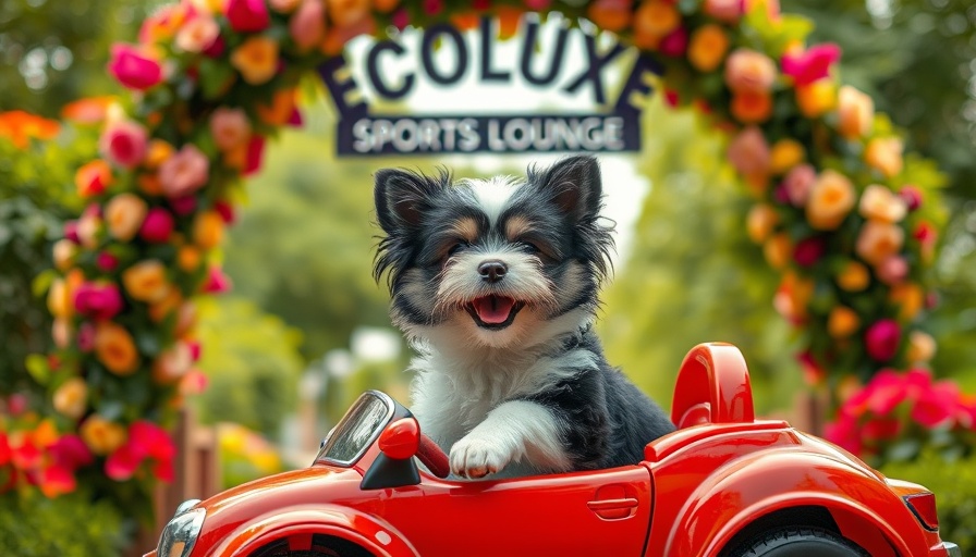 ECOLUXE Luxury Lounge vibrant flower arch with fluffy dog in a toy car