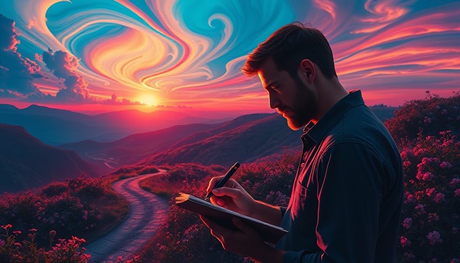 Planning without panic illustration of a man writing under a dreamy sunset.