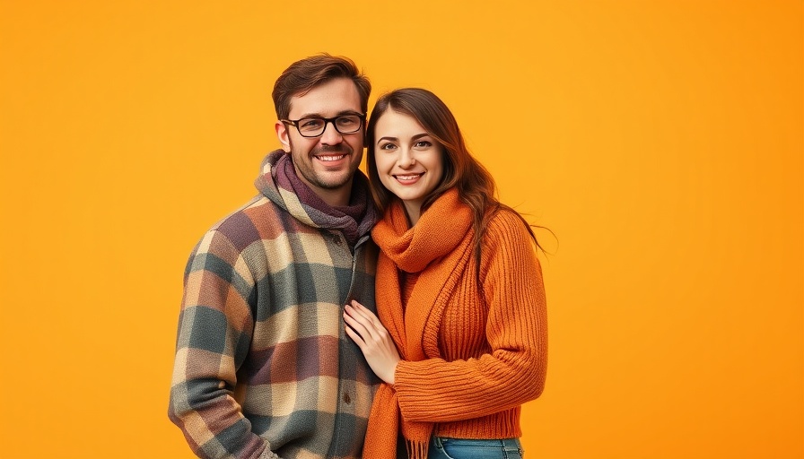 Casual couple in cozy attire on orange backdrop.