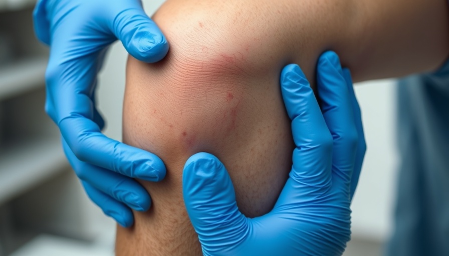 Hands with gloves examining knee for spider veins in a clinical setting