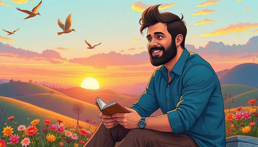 Serene man planning under vibrant sunset, planning without panic.