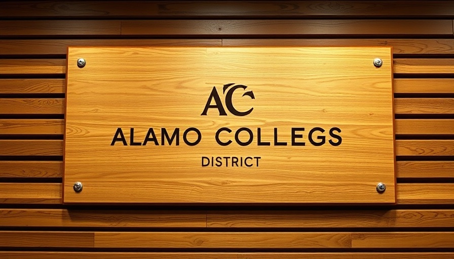 Alamo Colleges District logo on wooden panel wall, faculty senate cuts.