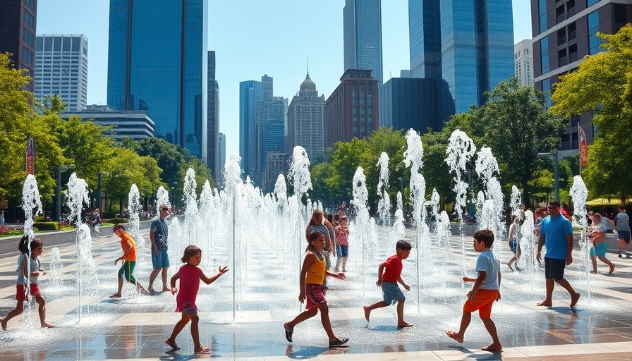 Urban park with water fountains and skyscrapers in San Diego.