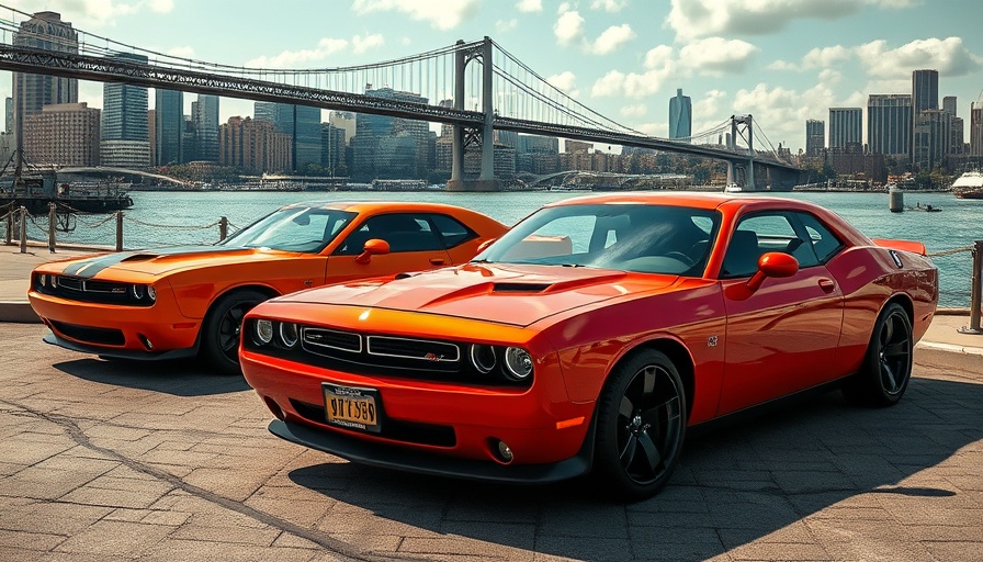 Dodge 2026 muscle car lineup by waterfront cityscape.