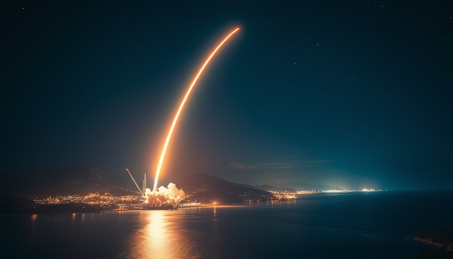 Nighttime rocket launch in California over coastal town.