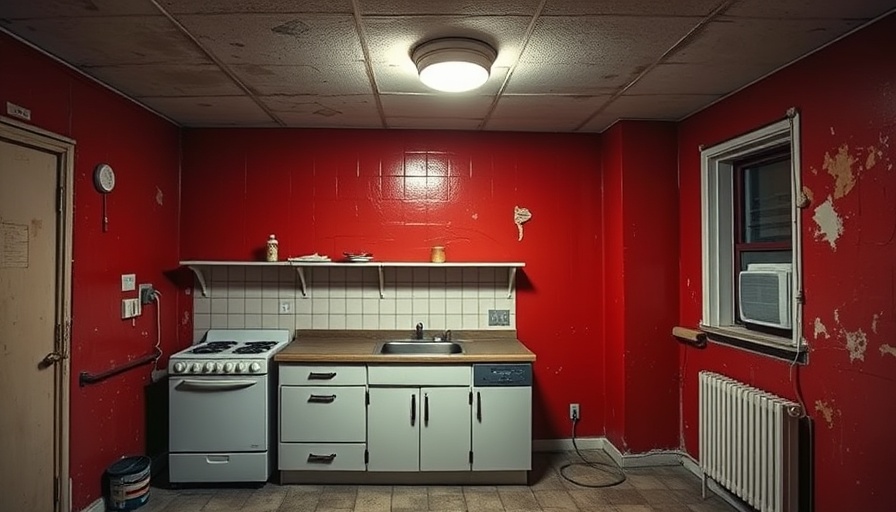 Empty NYC kitchen space with red wall under dim light, pre-transformation.