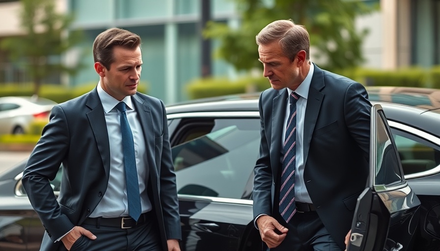 Men in suits exiting car, city backdrop, symbolizing corruption in local government.