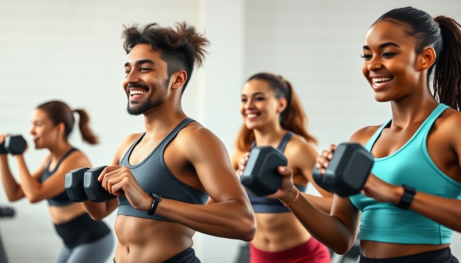 Energetic fitness enthusiasts performing a 15-minute full body dumbbell workout.