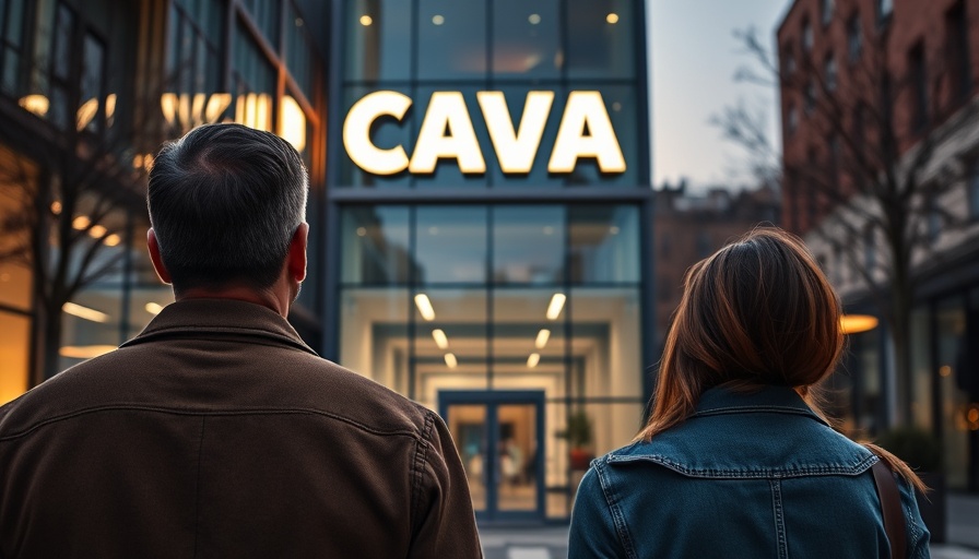 People walking towards CAVA, urban setting, evening light.