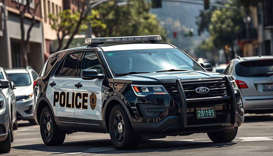 El Cajon police SUV on city street with trees and cars, sunlight