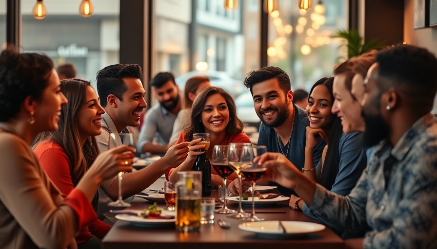 Diverse diners socializing in lively restaurant setting.
