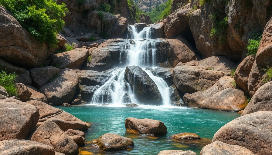 California waterfall amidst rocky landscape and greenery.