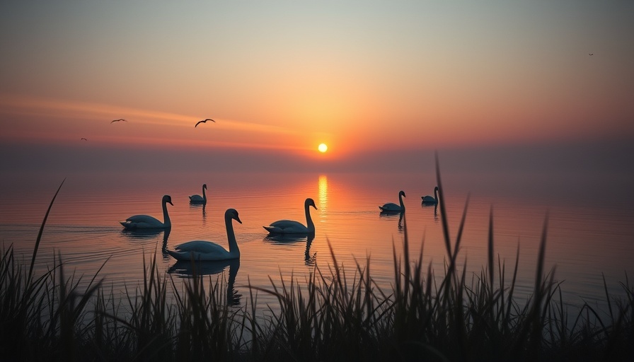 Mute swans at sunset on a California lake, reflecting on legislation.