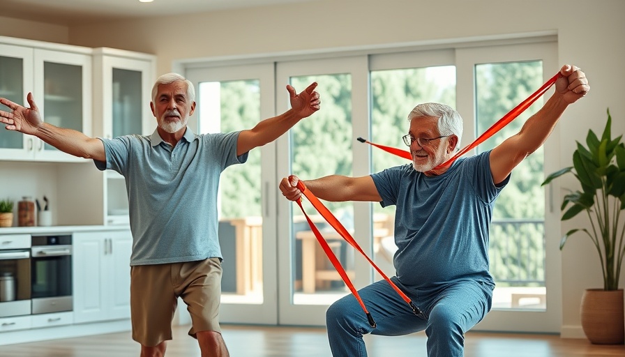 Two seniors exercising indoors with resistance bands, promoting fitness.