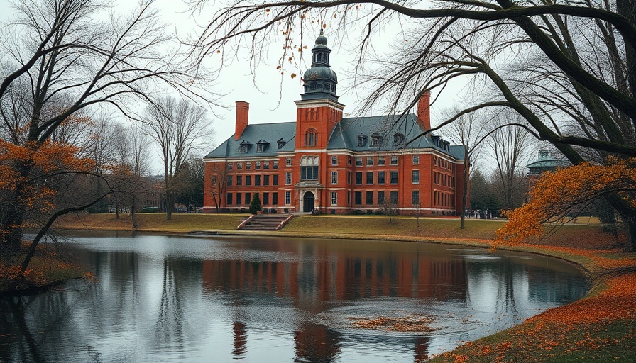 Historic college building reflecting on water, capturing legacies in college admissions.