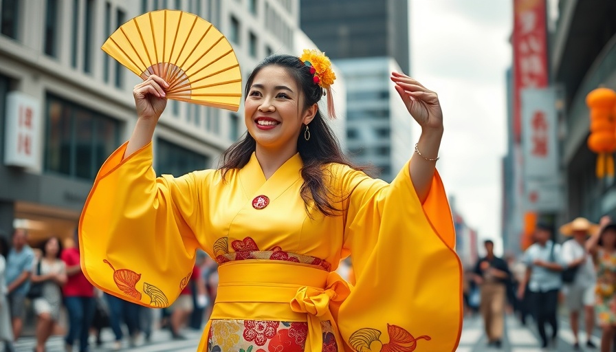 Nisei Week 2025 dancer in vibrant yellow kimono with fan at parade.