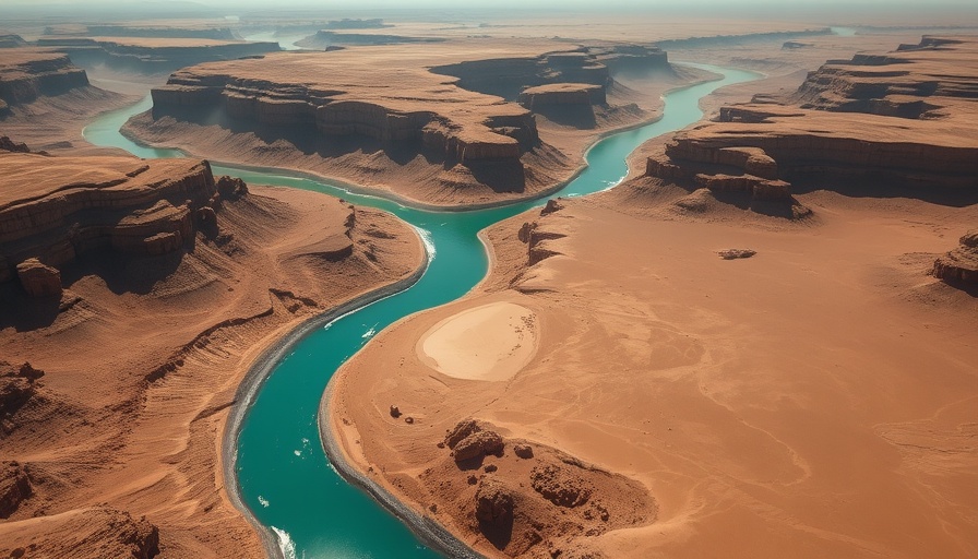 Aerial view of Colorado River in arid mountainous landscape.
