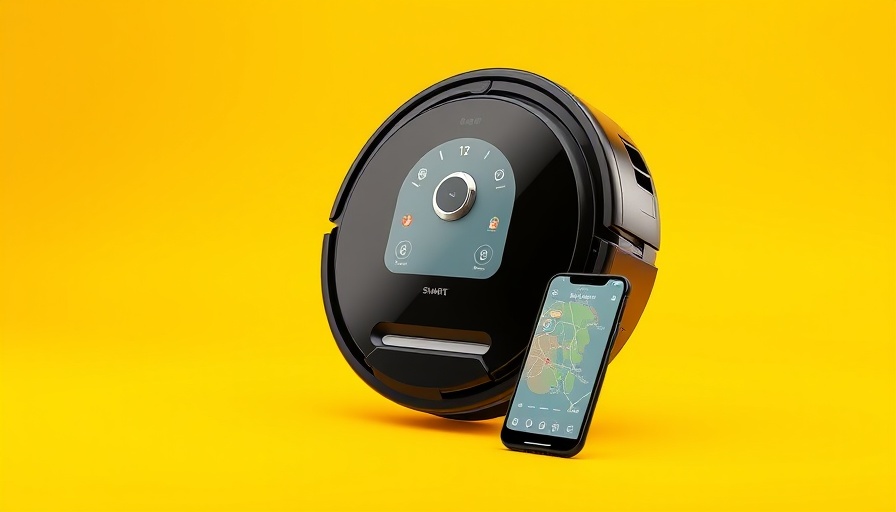 Sleek smart vacuum and app on yellow backdrop, smart home tech discount.