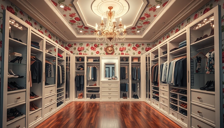 Luxurious walk-in closet conversion with floral wallpaper and chandelier.