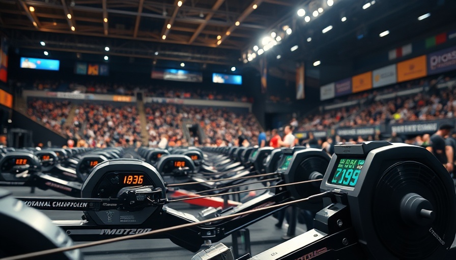Rowing machine setup at CrossFit event shows 2025 CrossFit Games insights.