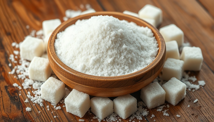 Bowl of sugar and cubes on wooden surface for cutting sugar topic.
