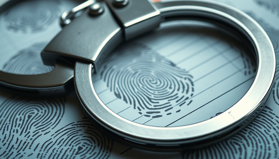 Stainless steel handcuffs on fingerprint card, photorealistic close-up.