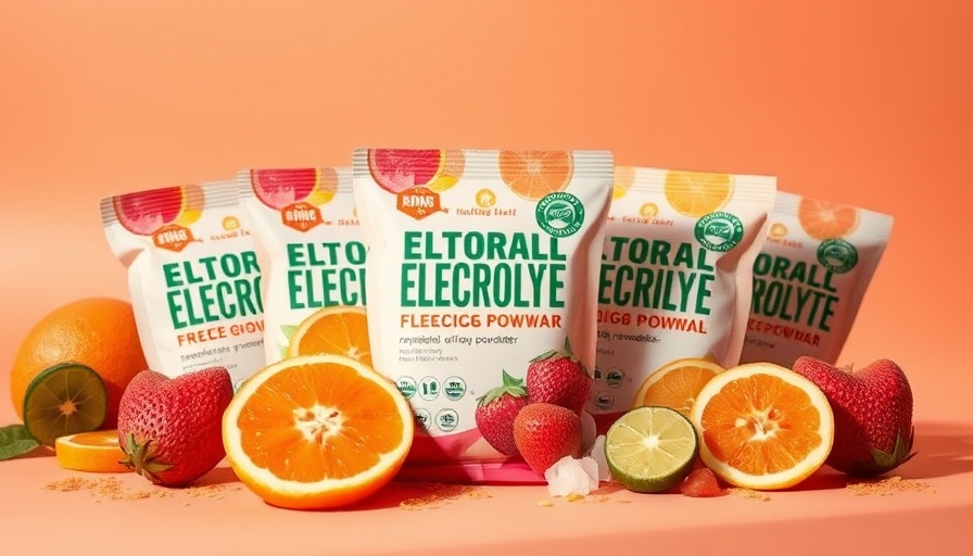 Electrolyte powders for athletes with fruit accents on bright surface.