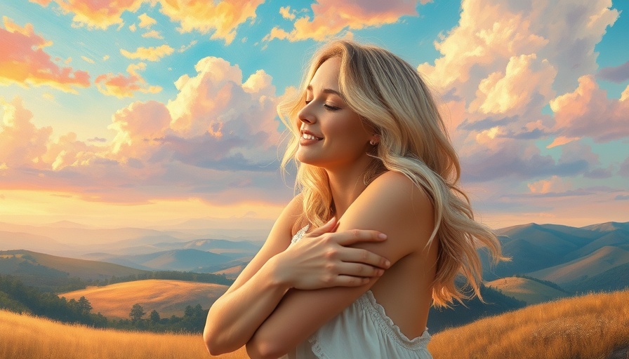 Blonde woman embracing herself in colorful impressionistic painting.