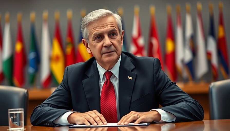 Confident male at conference table with colorful flags, midterms strategy discussion.