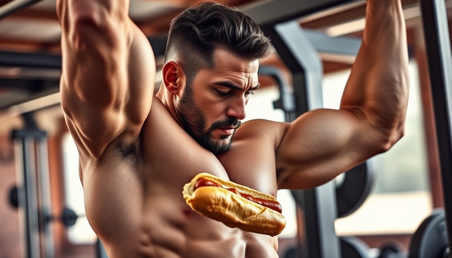 Competitive eater performing gym exercises and eating hot dogs.