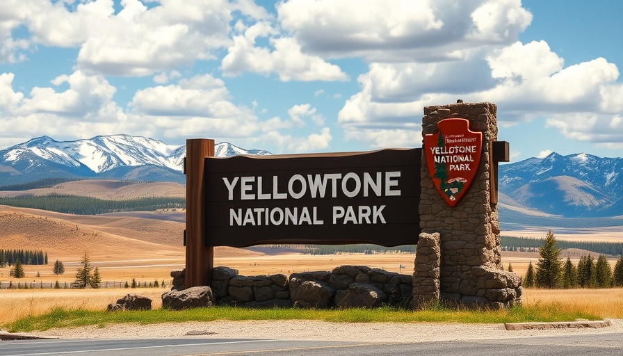 Yellowstone National Park entrance sign with mountain background.