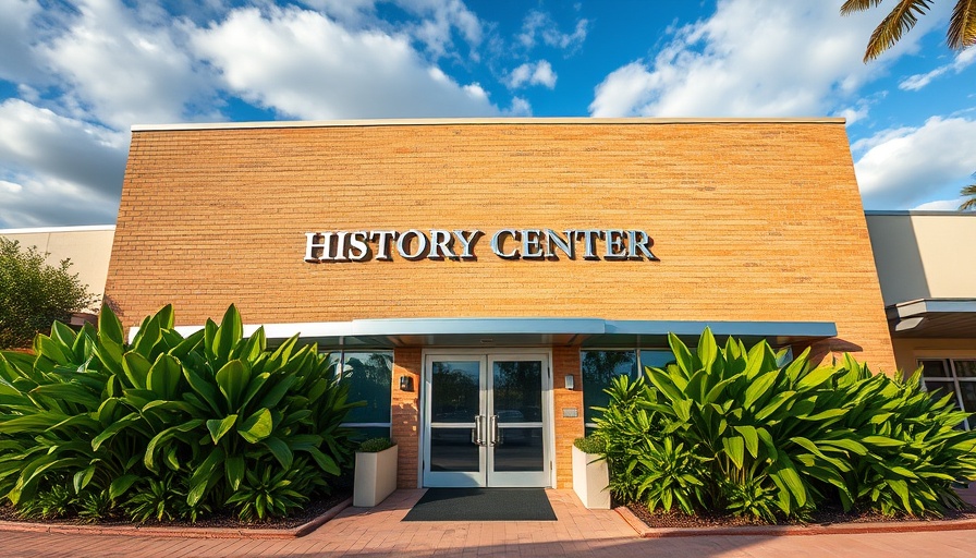 Entrance of Oceanside History Center with tan brick facade and greenery.