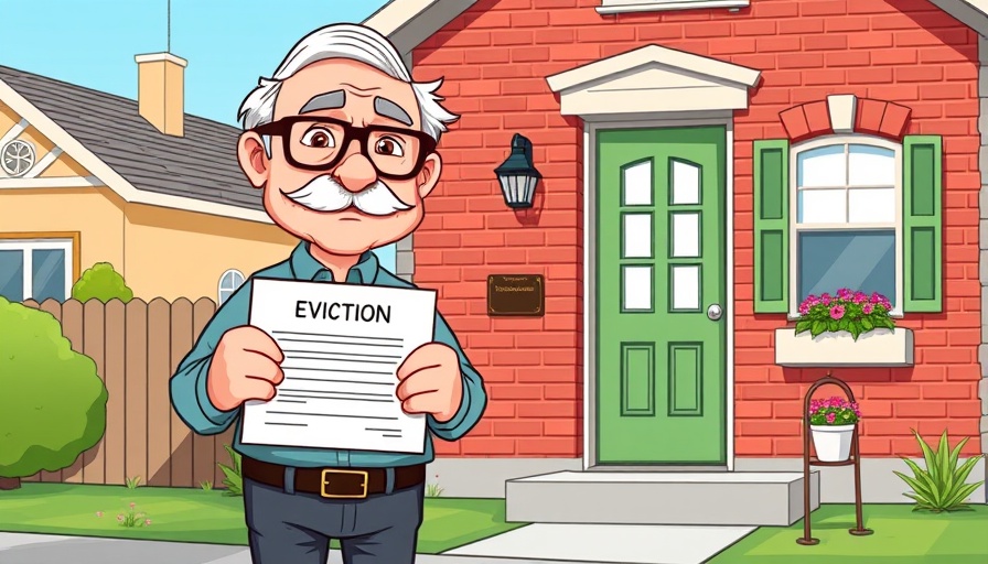 Cartoon elder holding eviction notice in front of home, housing issues in San Diego.