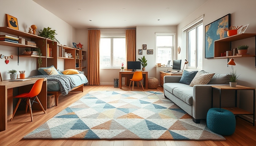 Dorm rug size guide in a cozy, modern dorm room
