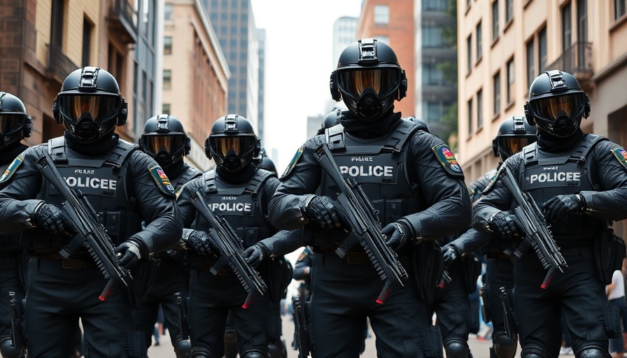 California immigration enforcement officers in tactical gear stand on a city street.