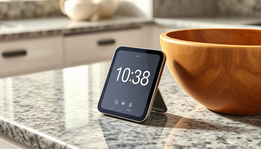 Smart display with clock on kitchen countertop for buying guide