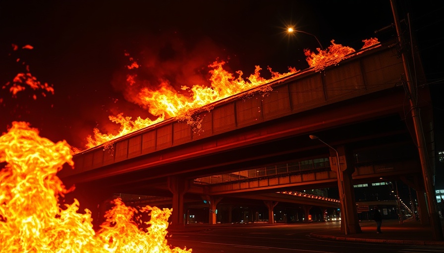 San Diego news: Intense urban fire under a highway bridge at night.
