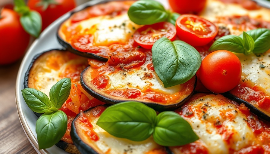 Healthy Eggplant Parmigiana dish with fresh ingredients and basil garnish.