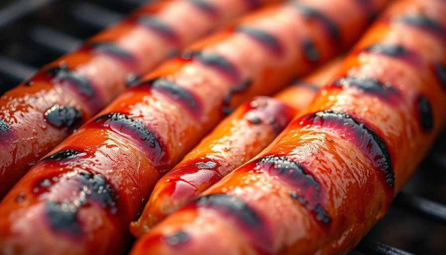 Juicy grilled sausages with char marks, showcasing Mountain View Meats Pepper Jack Hot Dogs.