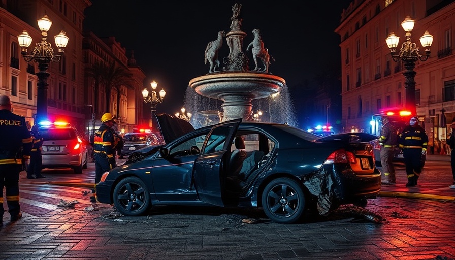 DUI incident damages historic fountain in Orange, emergency lights.