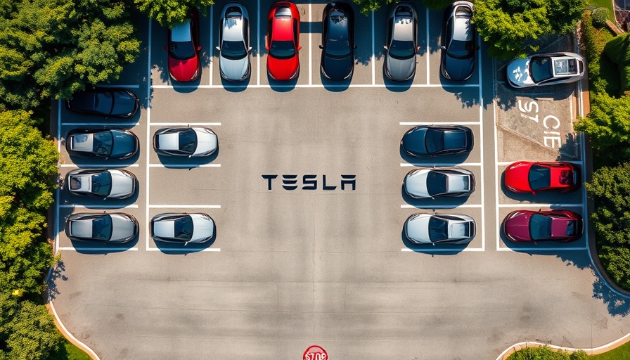 Tesla parking lot showcasing self-driving cars, highlighting regulation discussions.