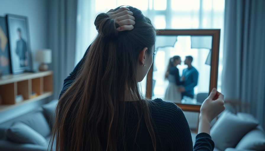 Distraught woman with broken photo frame reflecting on breakup, soft daylight.