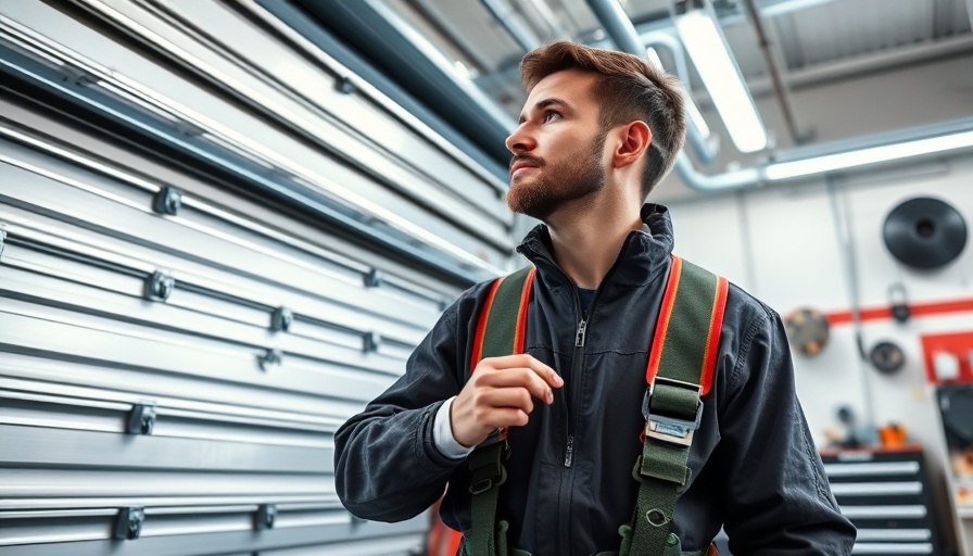 Technician inspecting modern garage door for safety in well-lit garage.