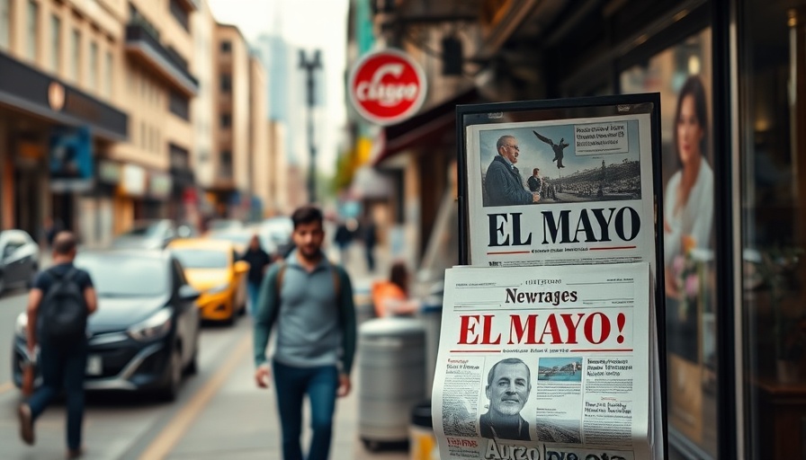 Newspaper stand displaying El Mayo headlines with a passerby focused on his phone.