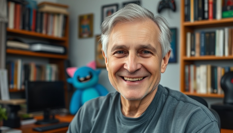 Smiling older man in gaming-themed office, Dreamhaven struggles in gaming industry