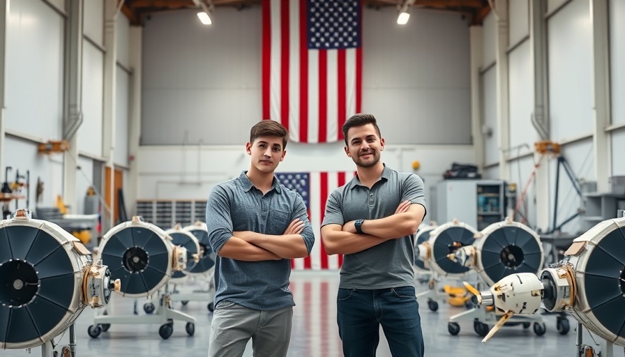 Engineers with satellite equipment prototypes in modern workshop