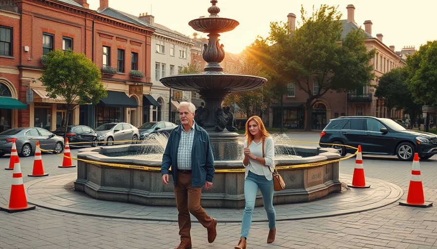 Old Towne Orange fountain damage with people walking by.