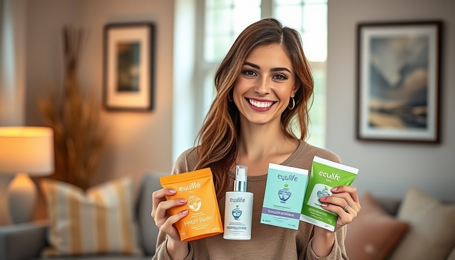 Smiling woman with EquiLife Fall Detox products in a cozy room.