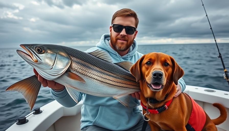 Man and dog on a boat during September fishing in Long Island.