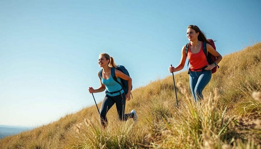 Two women hiking outdoors, promoting lower risk of brain and mood disorders through movement.